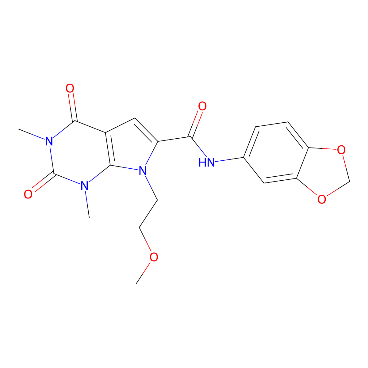N-(1,3-benzodioxol-5-yl)-7-(2-methoxyethyl)-1,3-dimethyl-2,4-dioxopyrrolo[2,3-d]pyrimidine-6-carboxamide molecular structure, CAS 1021092-21-6
