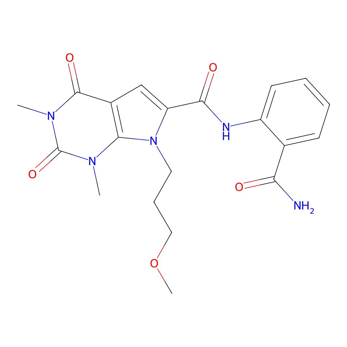 N-(2-carbamoylphenyl)-7-(3-methoxypropyl)-1,3-dimethyl-2,4-dioxo-2,3,4,7-tetrahydro-1H-pyrrolo[2,3-d]pyrimidine-6-carboxamide molecular structure, CAS 1021092-28-3