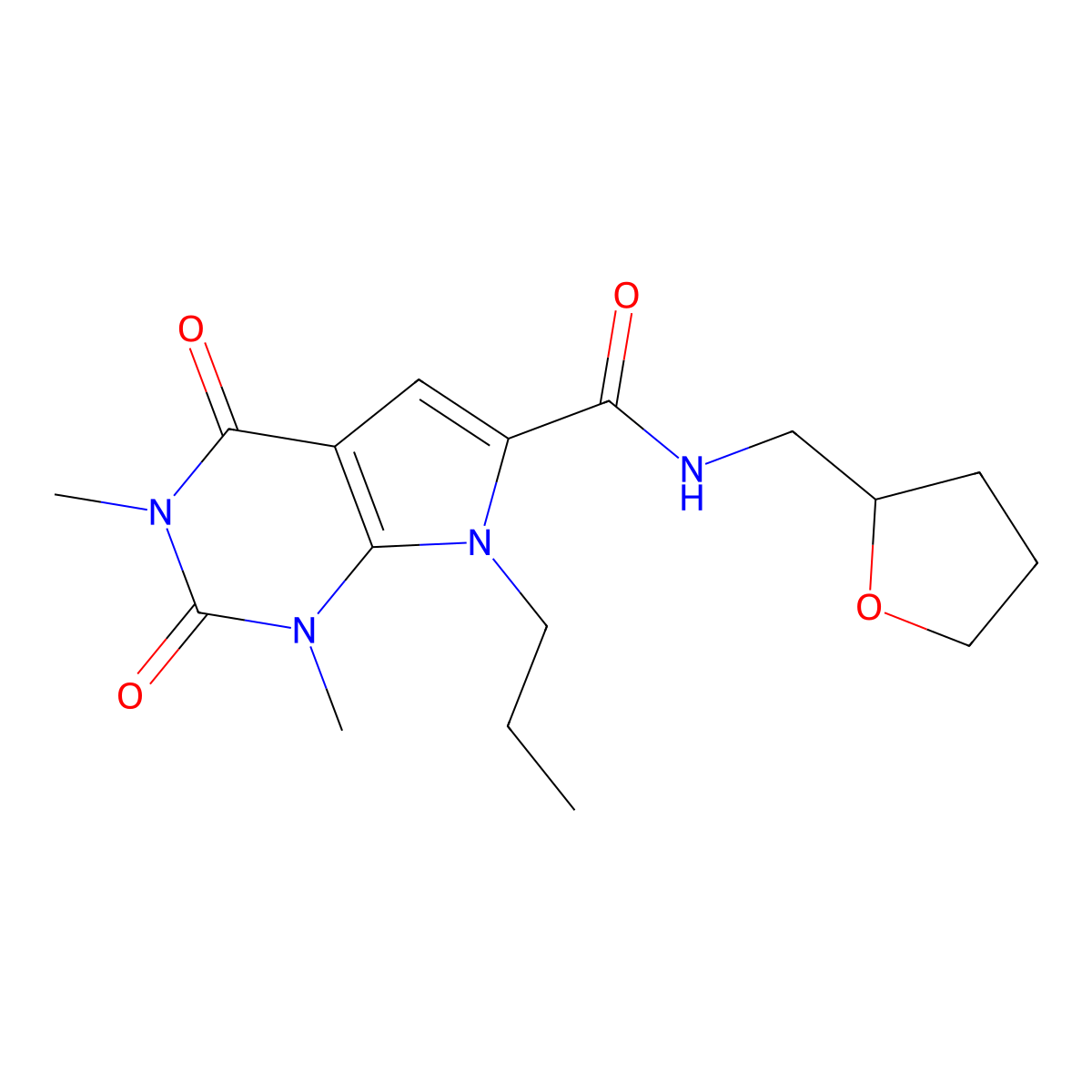1,3-dimethyl-2,4-dioxo-7-propyl-N-((tetrahydrofuran-2-yl)methyl)-2,3,4,7-tetrahydro-1H-pyrrolo[2,3-d]pyrimidine-6-carboxamide molecular structure, CAS 1021092-54-5