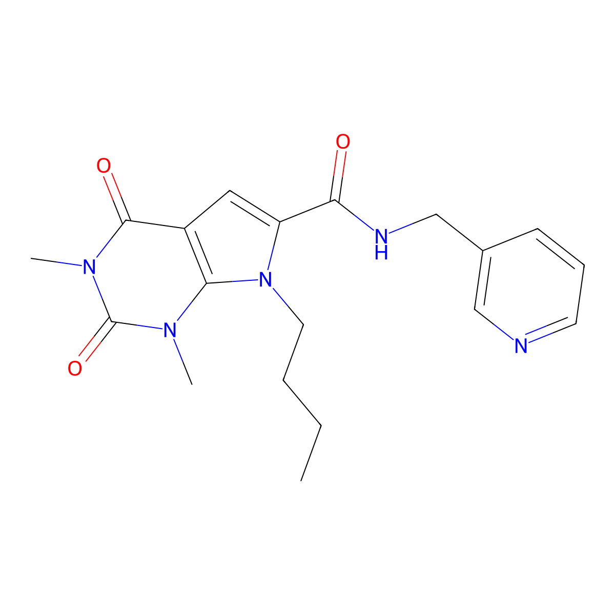 7-butyl-1,3-dimethyl-2,4-dioxo-N-(pyridin-3-ylmethyl)-2,3,4,7-tetrahydro-1H-pyrrolo[2,3-d]pyrimidine-6-carboxamide molecular structure, CAS 1021092-60-3
