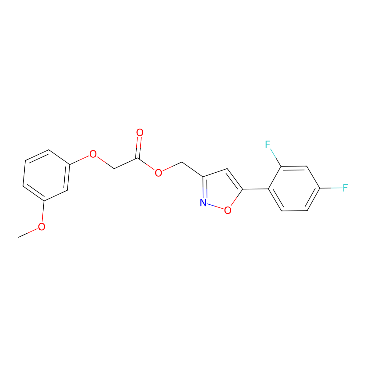 (5-(2,4-Difluorophenyl)isoxazol-3-yl)methyl 2-(3-methoxyphenoxy)acetate molecular structure, CAS 1021093-52-6