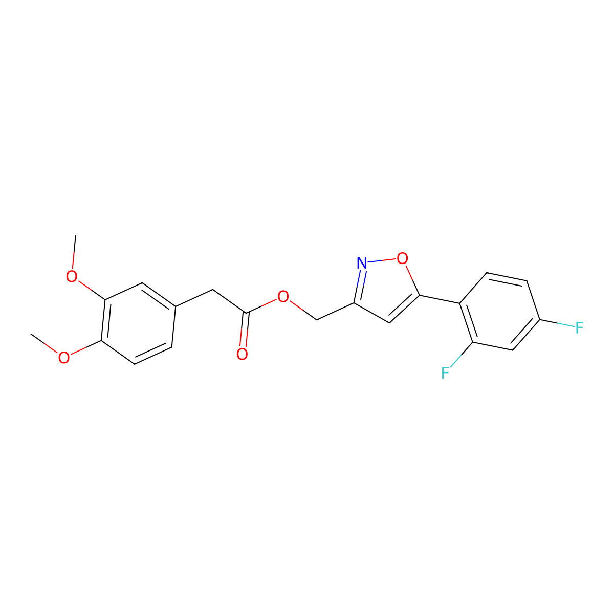 (5-(2,4-Difluorophenyl)isoxazol-3-yl)methyl 2-(3,4-dimethoxyphenyl)acetate molecular structure, CAS 1021093-60-6
