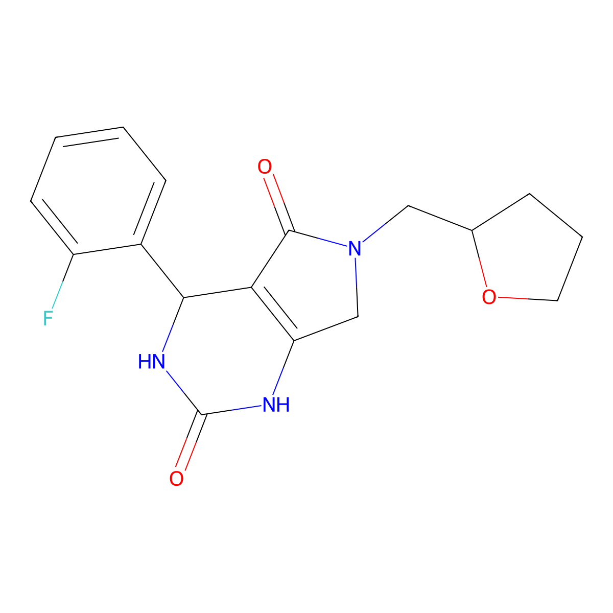 4-(2-fluorophenyl)-6-((tetrahydrofuran-2-yl)methyl)-3,4,6,7-tetrahydro-1H-pyrrolo[3,4-d]pyrimidine-2,5-dione molecular structure, CAS 1021093-85-5