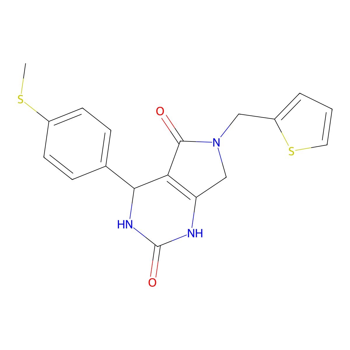4-(4-(methylthio)phenyl)-6-(thiophen-2-ylmethyl)-3,4,6,7-tetrahydro-1H-pyrrolo[3,4-d]pyrimidine-2,5-dione molecular structure, CAS 1021093-90-2