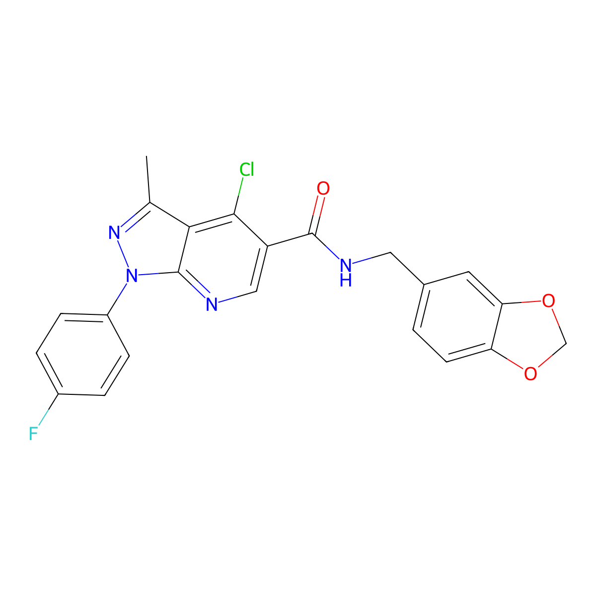 N-(benzo[d][1,3]dioxol-5-ylmethyl)-4-chloro-1-(4-fluorophenyl)-3-methyl-1H-pyrazolo[3,4-b]pyridine-5-carboxamide molecular structure, CAS 1021093-92-4