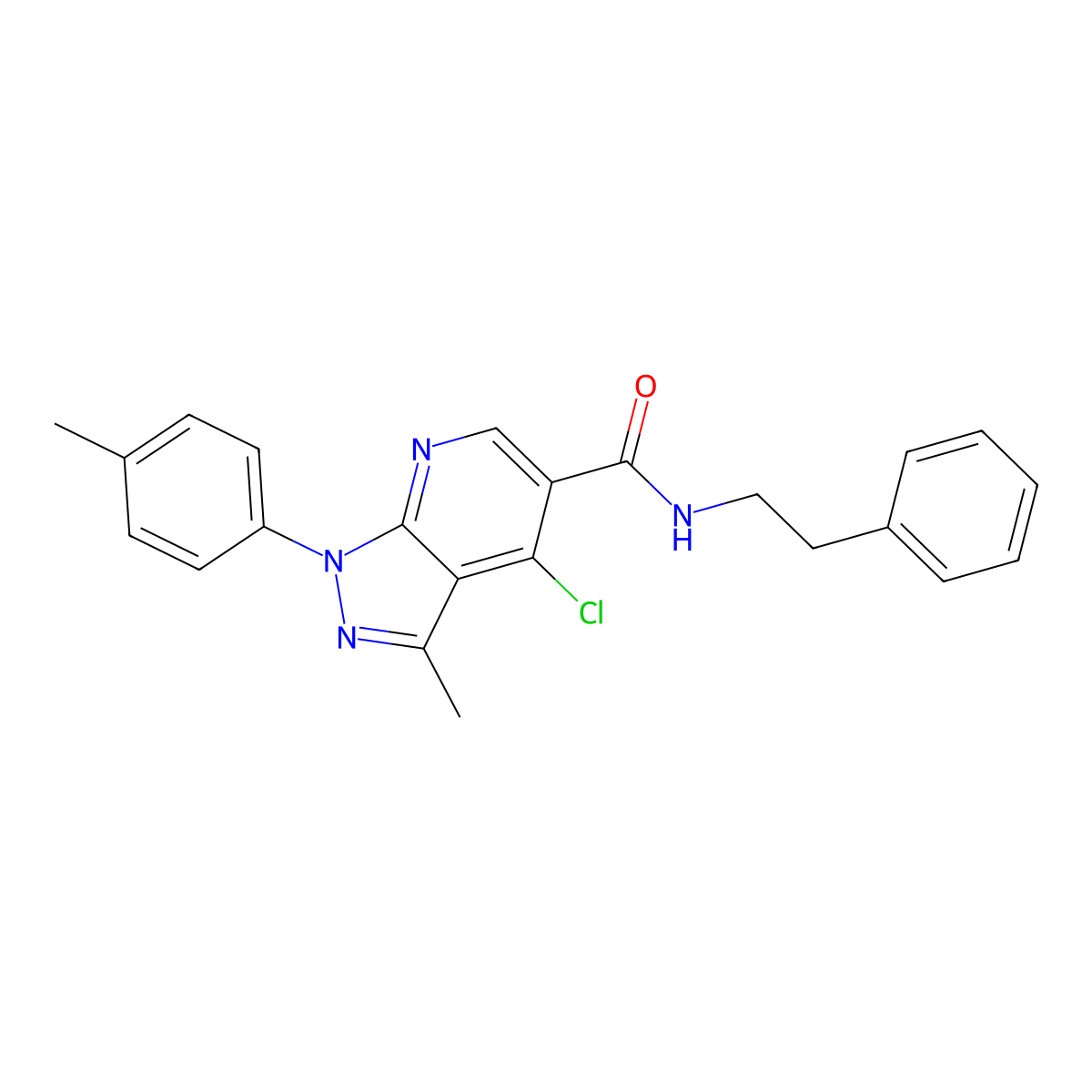 4-chloro-3-methyl-N-phenethyl-1-(p-tolyl)-1H-pyrazolo[3,4-b]pyridine-5-carboxamide molecular structure, CAS 1021093-96-8