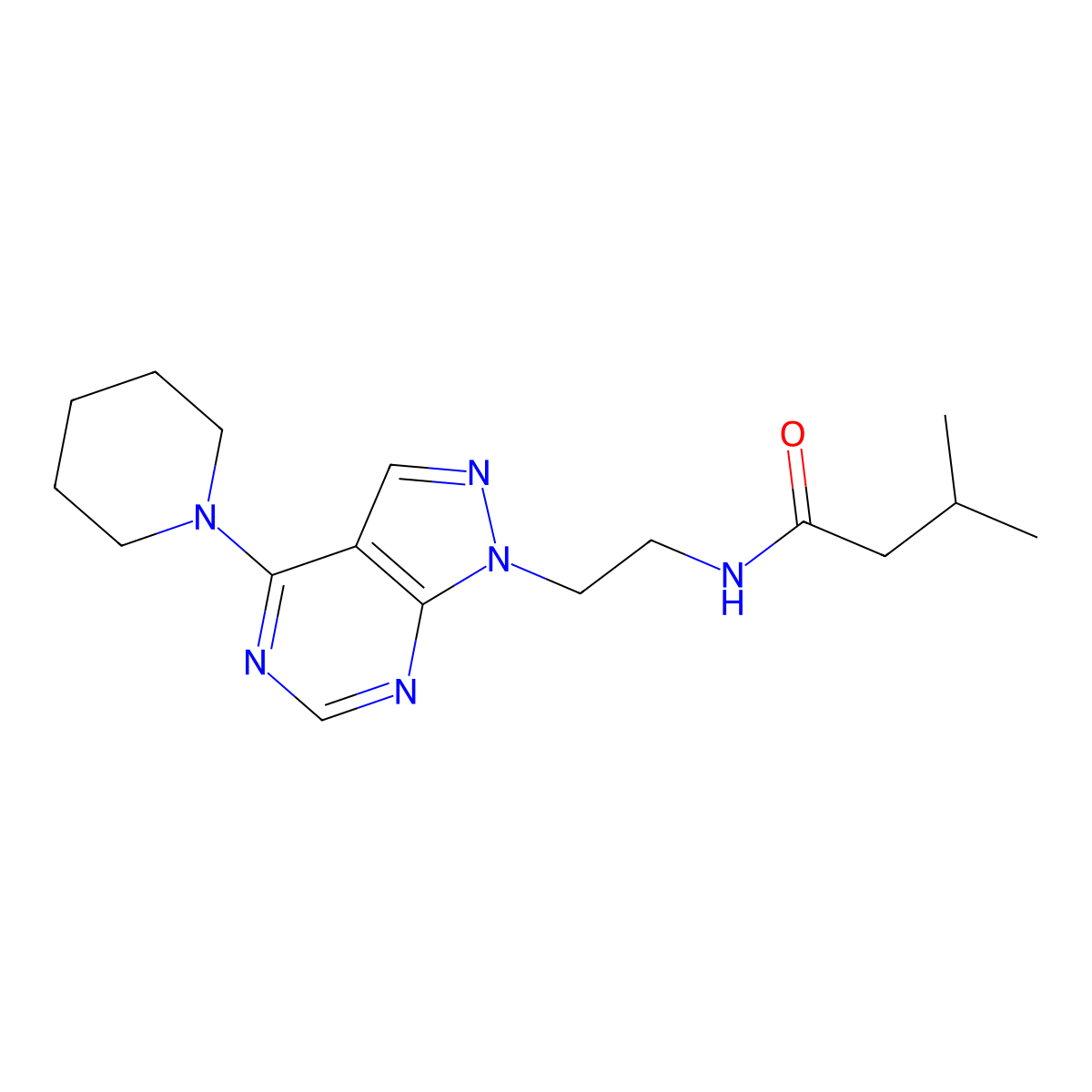 3-methyl-N-(2-(4-(piperidin-1-yl)-1H-pyrazolo[3,4-d]pyrimidin-1-yl)ethyl)butanamide molecular structure, CAS 1021094-00-7