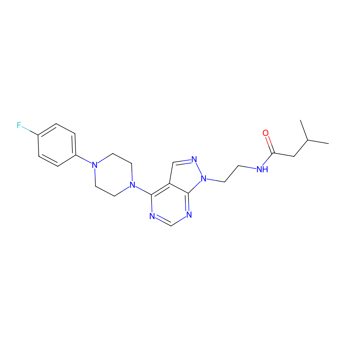 N-(2-(4-(4-(4-fluorophenyl)piperazin-1-yl)-1H-pyrazolo[3,4-d]pyrimidin-1-yl)ethyl)-3-methylbutanamide molecular structure, CAS 1021094-02-9