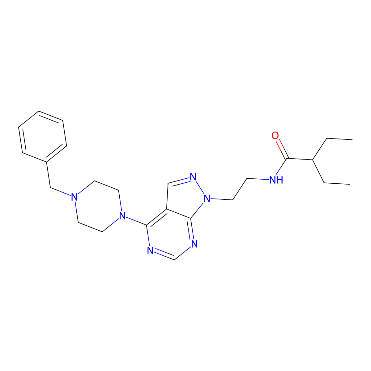 N-(2-(4-(4-benzylpiperazin-1-yl)-1H-pyrazolo[3,4-d]pyrimidin-1-yl)ethyl)-2-ethylbutanamide molecular structure, CAS 1021094-04-1
