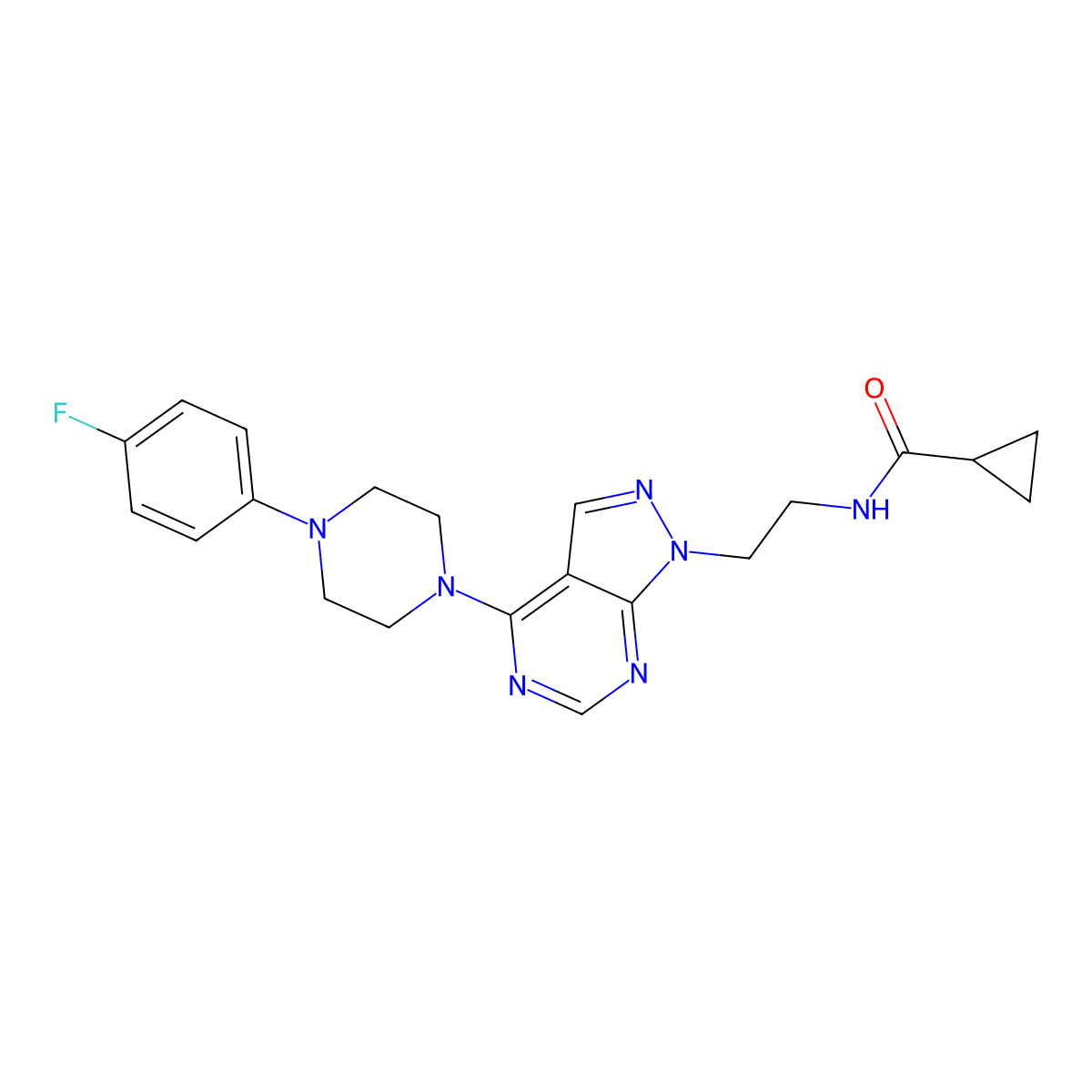 N-(2-(4-(4-(4-fluorophenyl)piperazin-1-yl)-1H-pyrazolo[3,4-d]pyrimidin-1-yl)ethyl)cyclopropanecarboxamide molecular structure, CAS 1021094-08-5