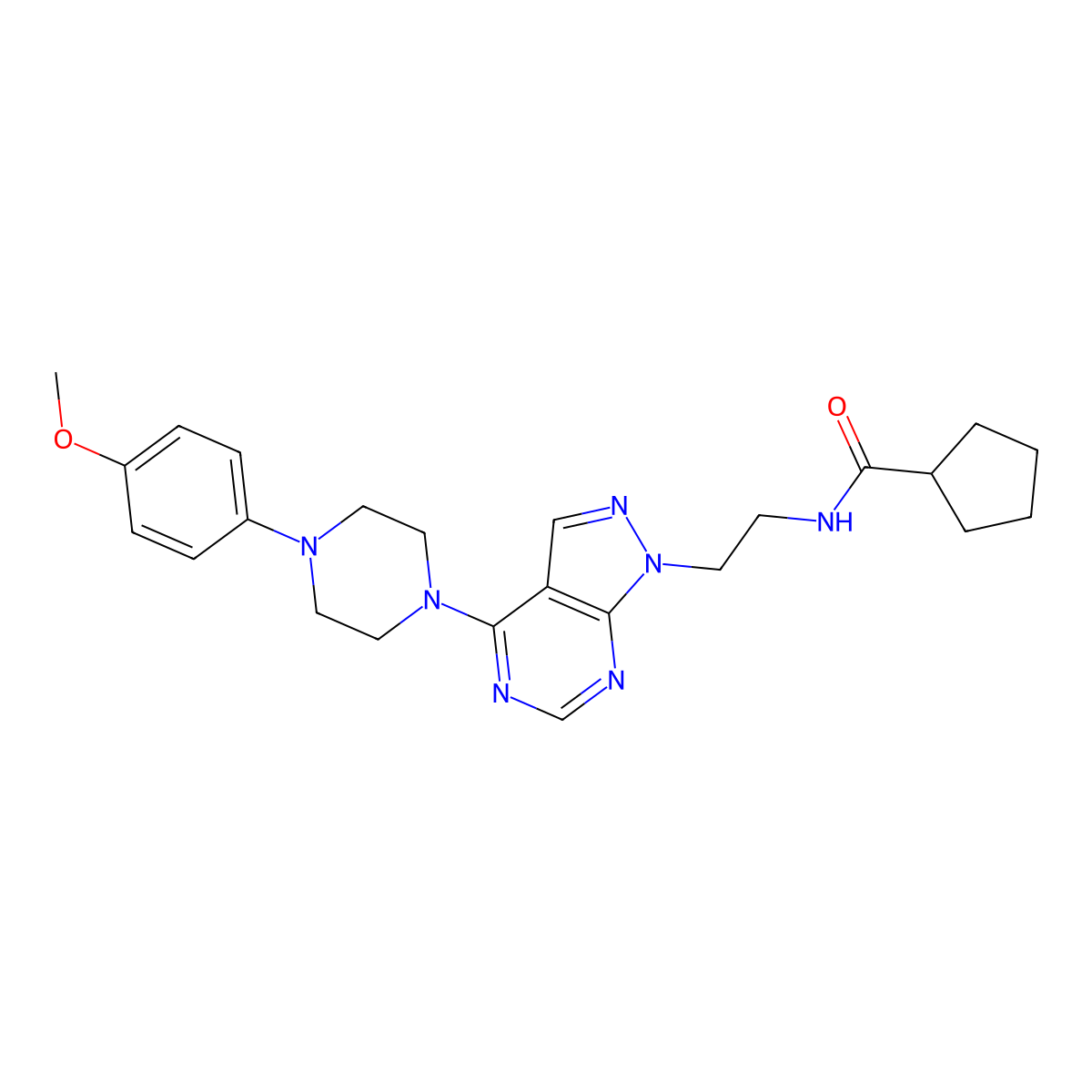 N-(2-(4-(4-(4-methoxyphenyl)piperazin-1-yl)-1H-pyrazolo[3,4-d]pyrimidin-1-yl)ethyl)cyclopentanecarboxamide molecular structure, CAS 1021094-10-9