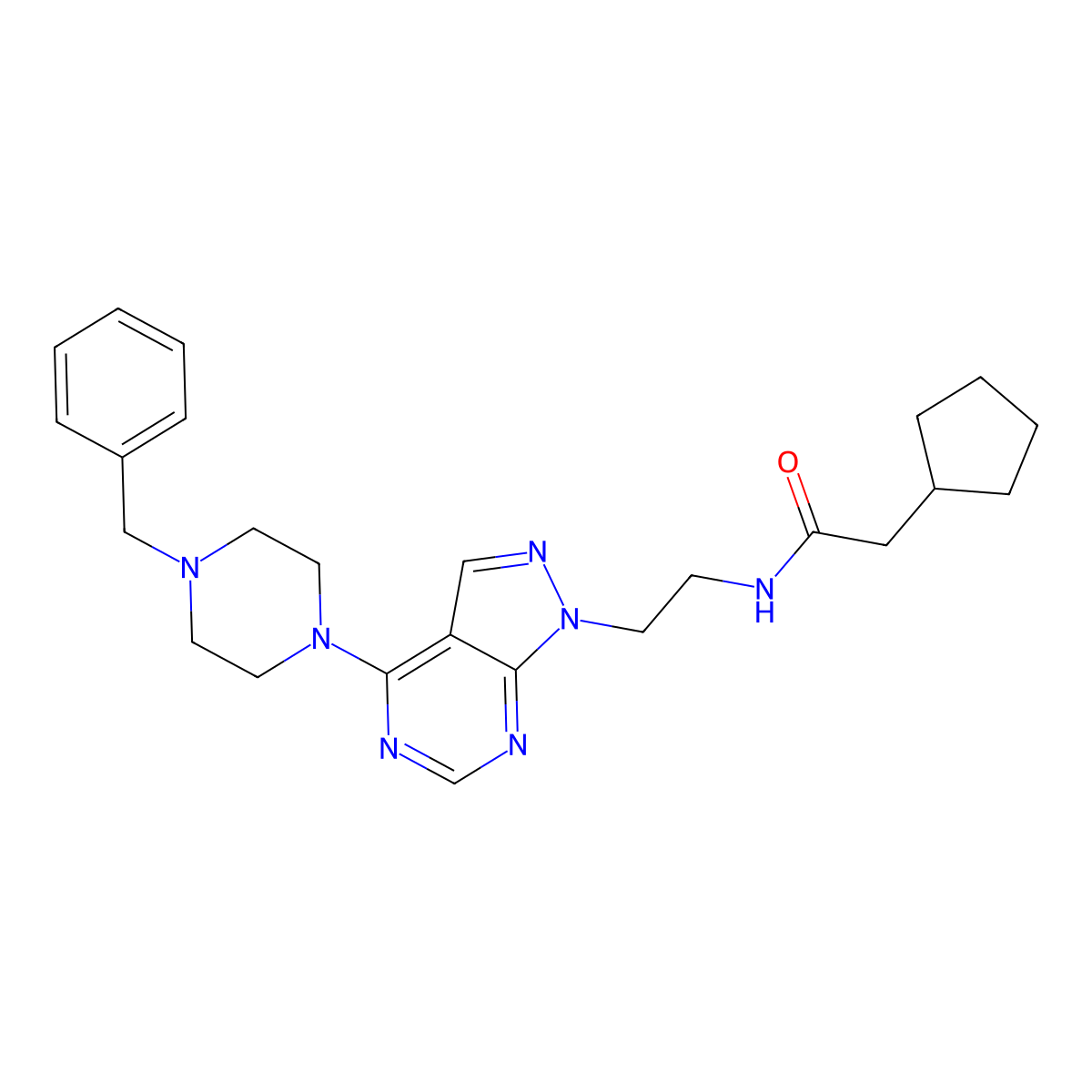 N-(2-(4-(4-benzylpiperazin-1-yl)-1H-pyrazolo[3,4-d]pyrimidin-1-yl)ethyl)-2-cyclopentylacetamide molecular structure, CAS 1021094-12-1