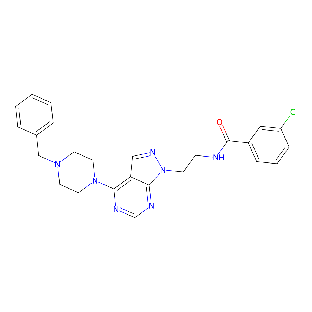 N-(2-(4-(4-benzylpiperazin-1-yl)-1H-pyrazolo[3,4-d]pyrimidin-1-yl)ethyl)-3-chlorobenzamide molecular structure, CAS 1021094-21-2