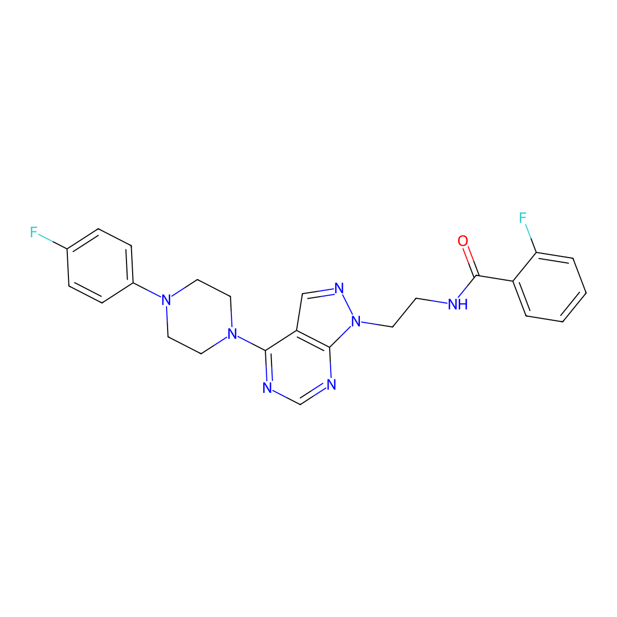 2-fluoro-N-(2-(4-(4-(4-fluorophenyl)piperazin-1-yl)-1H-pyrazolo[3,4-d]pyrimidin-1-yl)ethyl)benzamide molecular structure, CAS 1021094-24-5