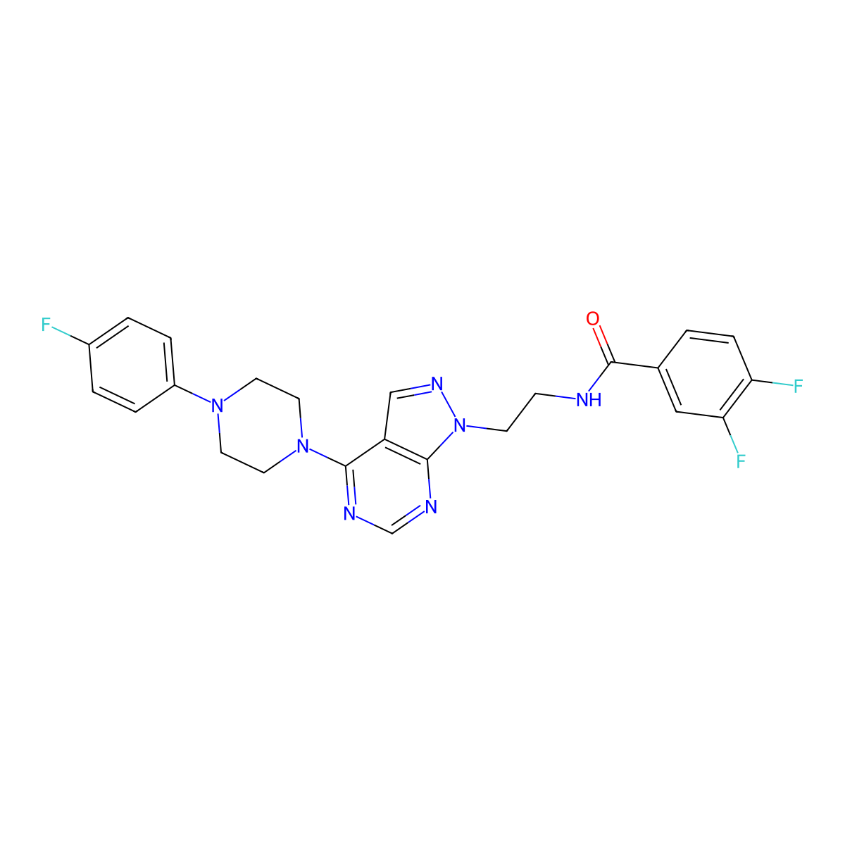 3,4-difluoro-N-(2-(4-(4-(4-fluorophenyl)piperazin-1-yl)-1H-pyrazolo[3,4-d]pyrimidin-1-yl)ethyl)benzamide molecular structure, CAS 1021094-30-3