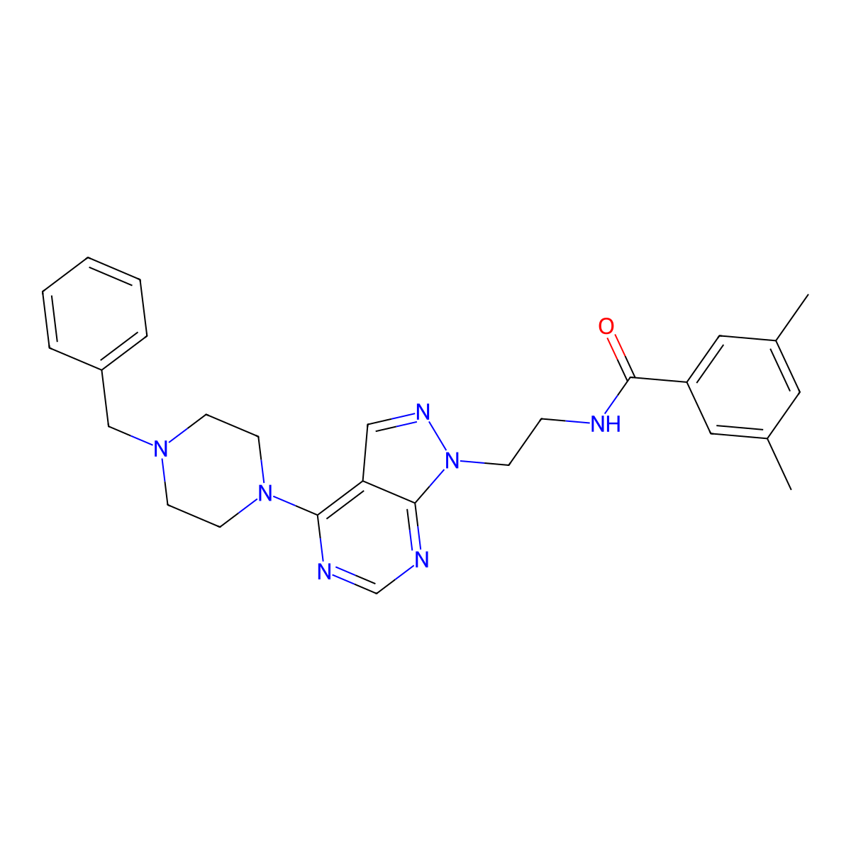 N-(2-(4-(4-benzylpiperazin-1-yl)-1H-pyrazolo[3,4-d]pyrimidin-1-yl)ethyl)-3,5-dimethylbenzamide molecular structure, CAS 1021094-33-6