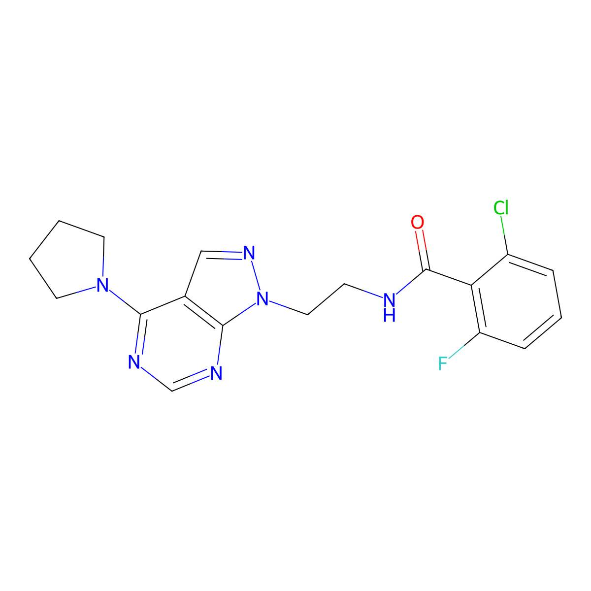 2-chloro-6-fluoro-N-(2-(4-(pyrrolidin-1-yl)-1H-pyrazolo[3,4-d]pyrimidin-1-yl)ethyl)benzamide molecular structure, CAS 1021094-39-2