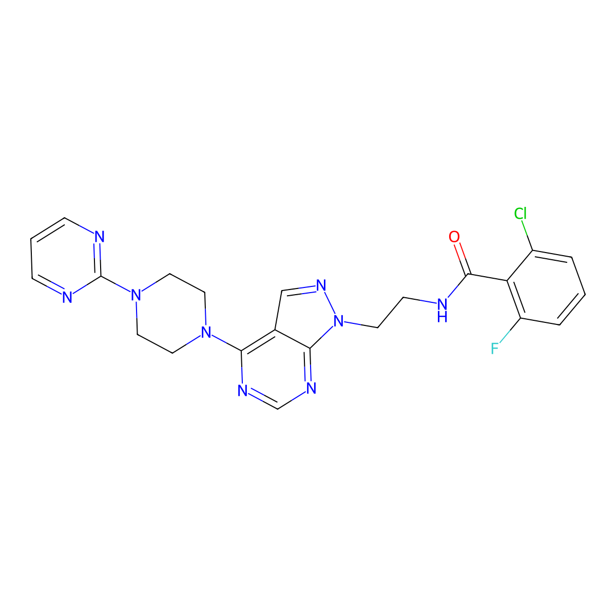 2-chloro-6-fluoro-N-(2-(4-(4-(pyrimidin-2-yl)piperazin-1-yl)-1H-pyrazolo[3,4-d]pyrimidin-1-yl)ethyl)benzamide molecular structure, CAS 1021094-42-7