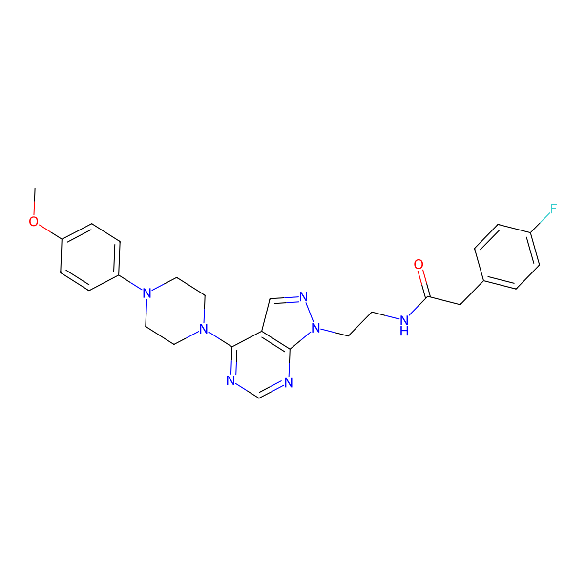2-(4-fluorophenyl)-N-(2-(4-(4-(4-methoxyphenyl)piperazin-1-yl)-1H-pyrazolo[3,4-d]pyrimidin-1-yl)ethyl)acetamide molecular structure, CAS 1021094-48-3
