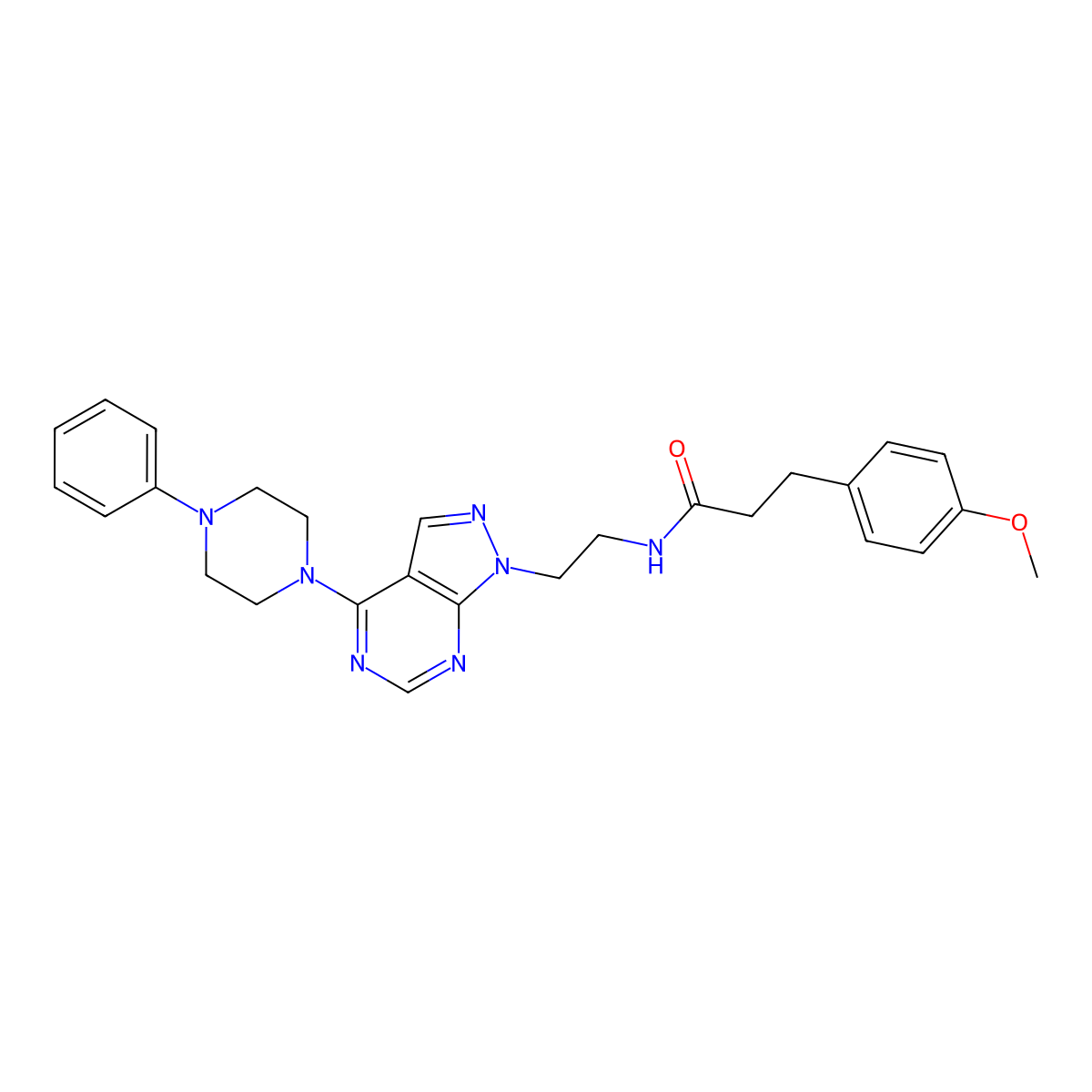 3-(4-methoxyphenyl)-N-(2-(4-(4-phenylpiperazin-1-yl)-1H-pyrazolo[3,4-d]pyrimidin-1-yl)ethyl)propanamide molecular structure, CAS 1021094-56-3