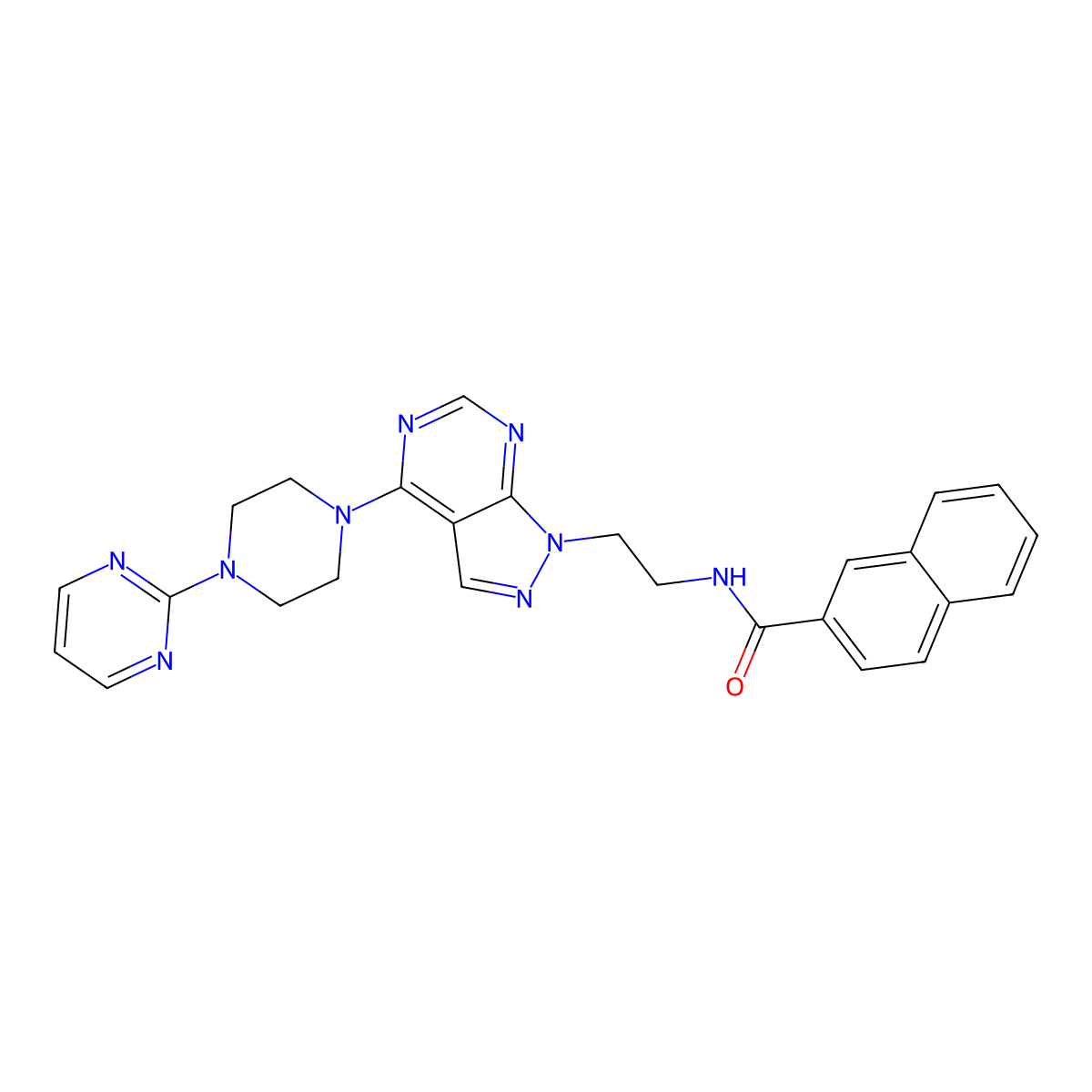 N-(2-(4-(4-(pyrimidin-2-yl)piperazin-1-yl)-1H-pyrazolo[3,4-d]pyrimidin-1-yl)ethyl)-2-naphthamide molecular structure, CAS 1021094-62-1