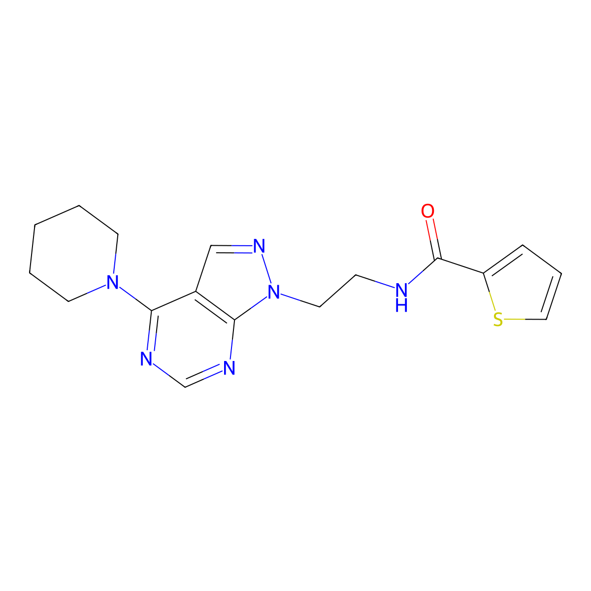 N-(2-(4-(piperidin-1-yl)-1H-pyrazolo[3,4-d]pyrimidin-1-yl)ethyl)thiophene-2-carboxamide molecular structure, CAS 1021094-67-6