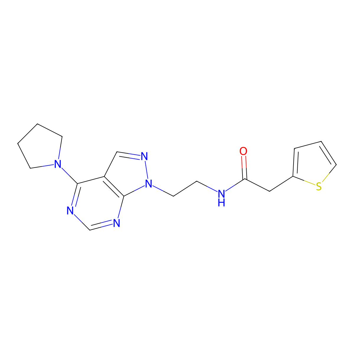 N-(2-(4-(pyrrolidin-1-yl)-1H-pyrazolo[3,4-d]pyrimidin-1-yl)ethyl)-2-(thiophen-2-yl)acetamide molecular structure, CAS 1021094-73-4