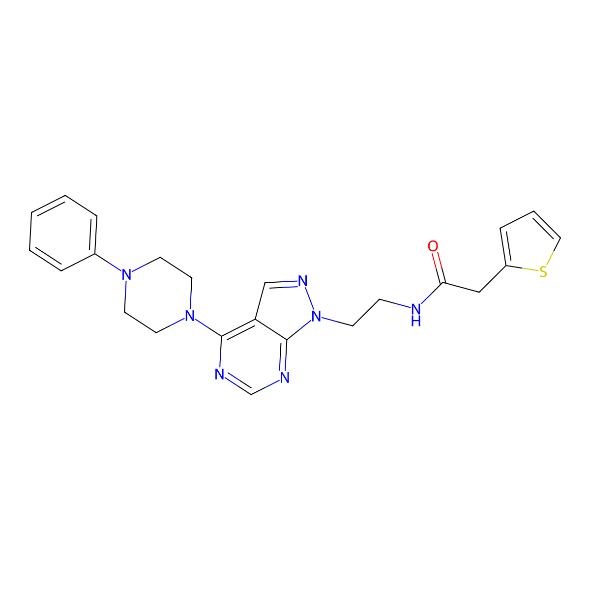 N-(2-(4-(4-phenylpiperazin-1-yl)-1H-pyrazolo[3,4-d]pyrimidin-1-yl)ethyl)-2-(thiophen-2-yl)acetamide molecular structure, CAS 1021094-76-7