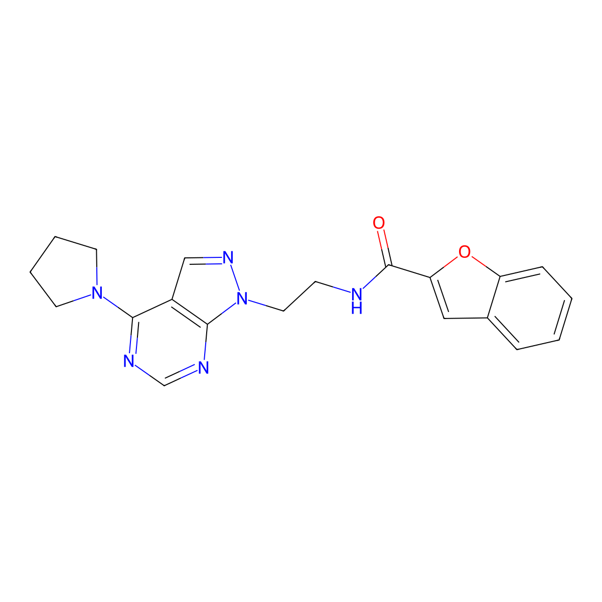 N-(2-(4-(pyrrolidin-1-yl)-1H-pyrazolo[3,4-d]pyrimidin-1-yl)ethyl)benzofuran-2-carboxamide molecular structure, CAS 1021094-78-9