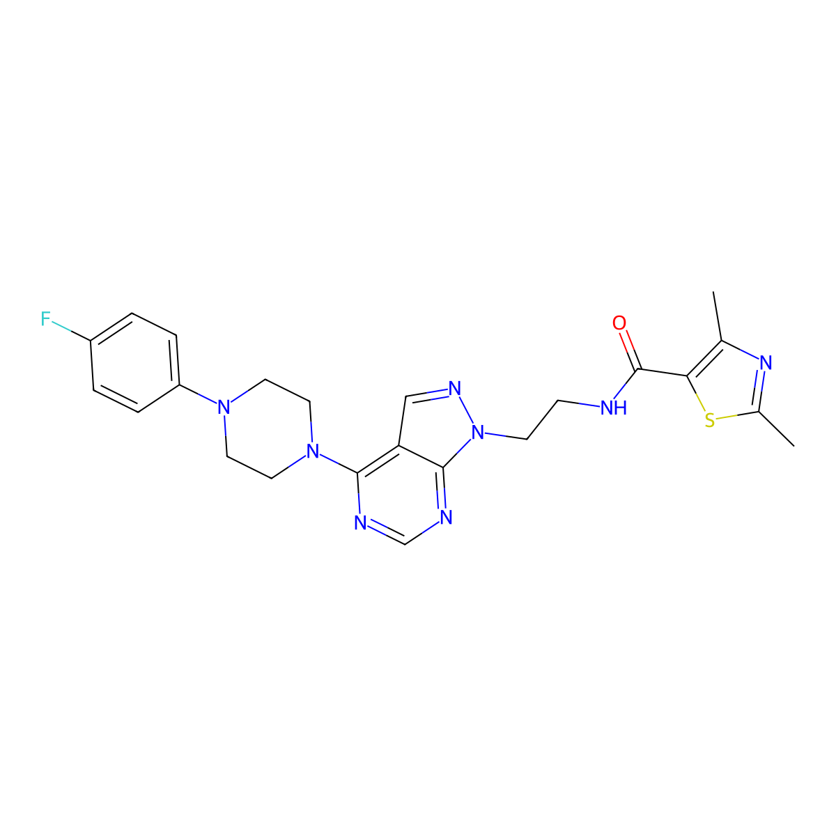N-(2-(4-(4-(4-fluorophenyl)piperazin-1-yl)-1H-pyrazolo[3,4-d]pyrimidin-1-yl)ethyl)-2,4-dimethylthiazole-5-carboxamide molecular structure, CAS 1021094-88-1