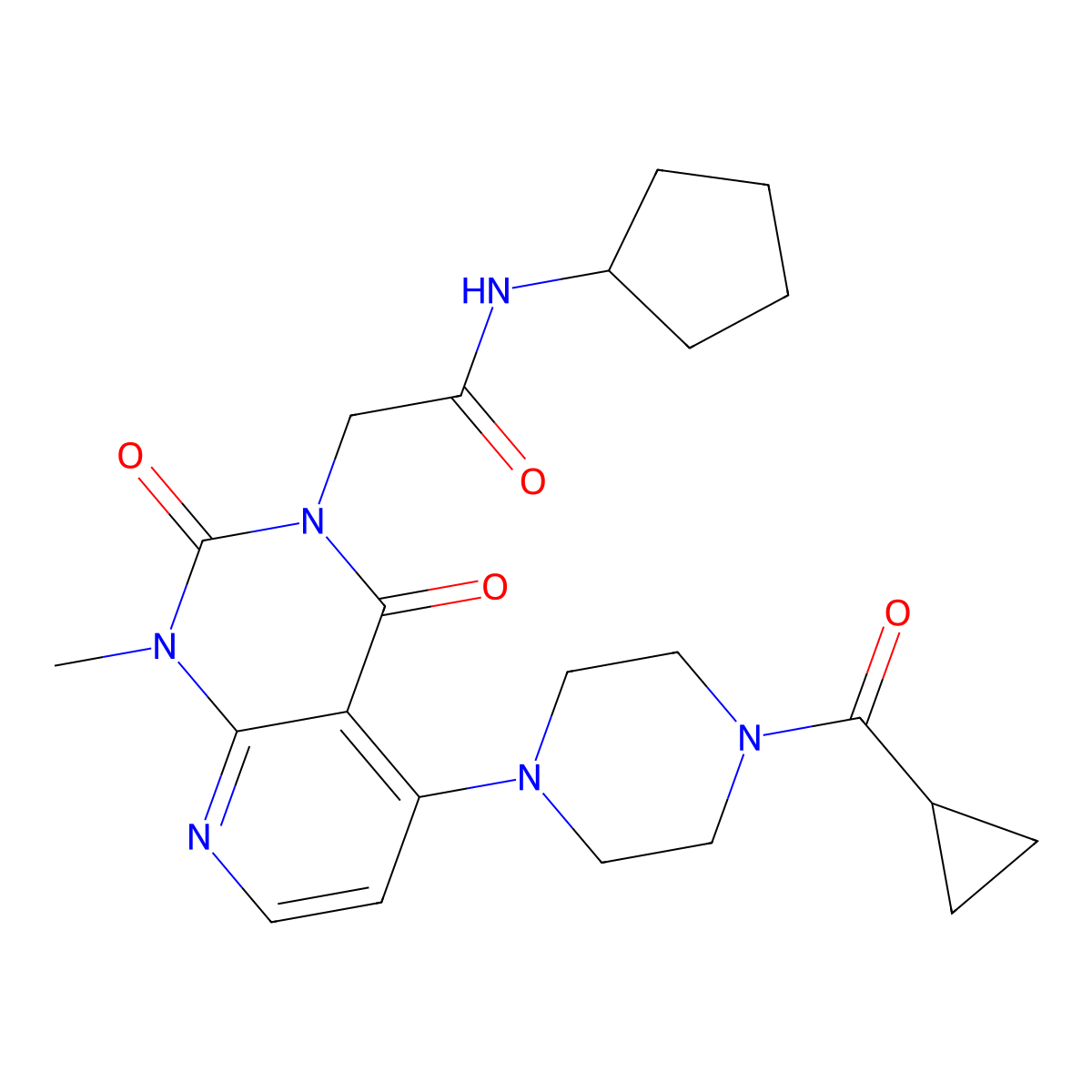 N-cyclopentyl-2-(5-(4-(cyclopropanecarbonyl)piperazin-1-yl)-1-methyl-2,4-dioxo-1,2-dihydropyrido[2,3-d]pyrimidin-3(4H)-yl)acetamide molecular structure, CAS 1021095-17-9