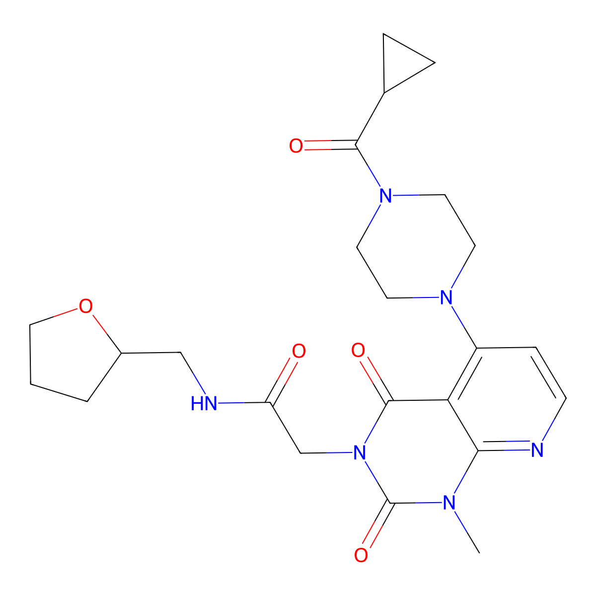 2-(5-(4-(cyclopropanecarbonyl)piperazin-1-yl)-1-methyl-2,4-dioxo-1,2-dihydropyrido[2,3-d]pyrimidin-3(4H)-yl)-N-((tetrahydrofuran-2-yl)methyl)acetamide molecular structure, CAS 1021095-20-4