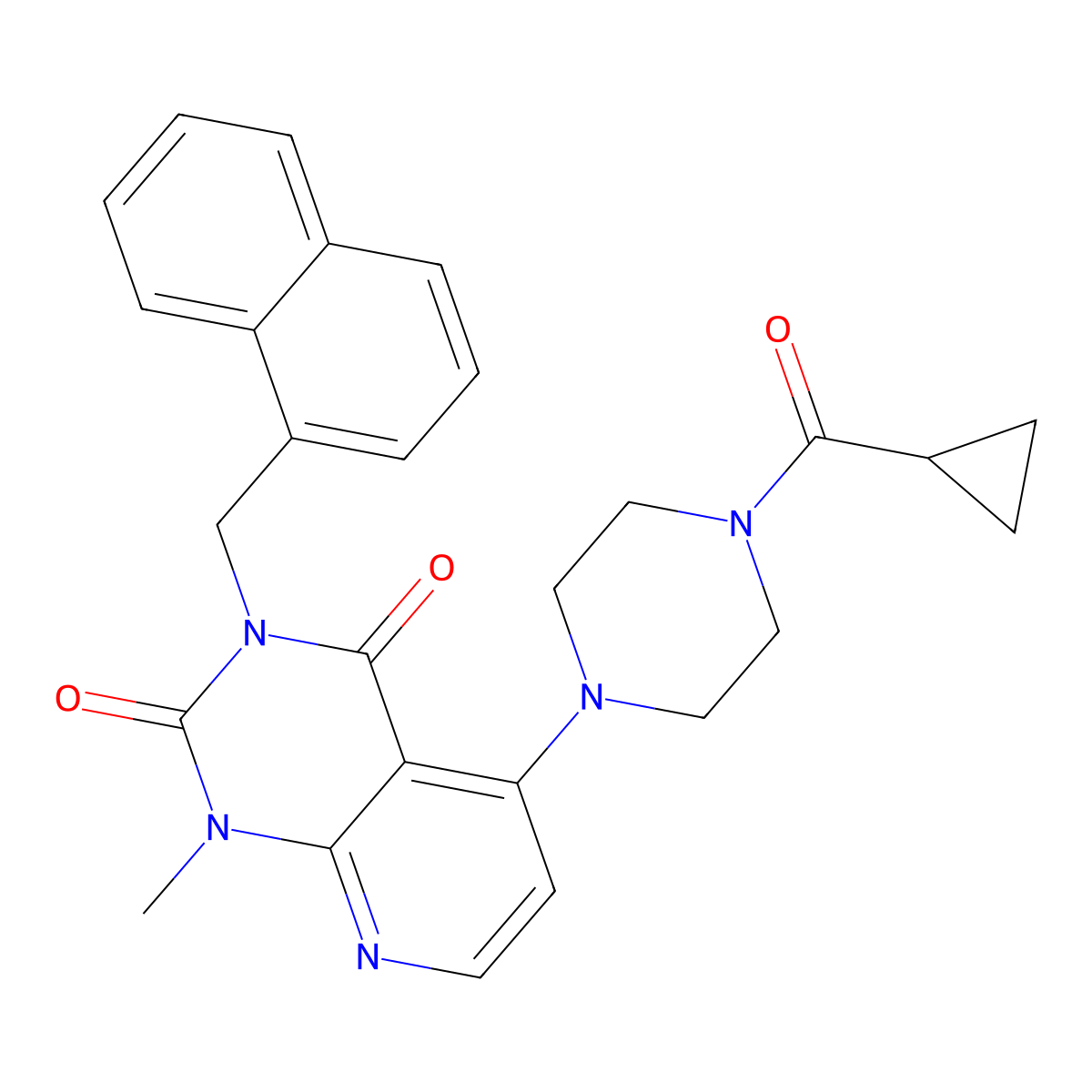 5-(4-(cyclopropanecarbonyl)piperazin-1-yl)-1-methyl-3-(naphthalen-1-ylmethyl)pyrido[2,3-d]pyrimidine-2,4(1H,3H)-dione molecular structure, CAS 1021095-24-8