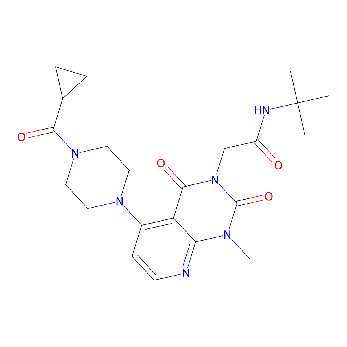 N-(tert-butyl)-2-(5-(4-(cyclopropanecarbonyl)piperazin-1-yl)-1-methyl-2,4-dioxo-1,2-dihydropyrido[2,3-d]pyrimidin-3(4H)-yl)acetamide molecular structure, CAS 1021095-28-2