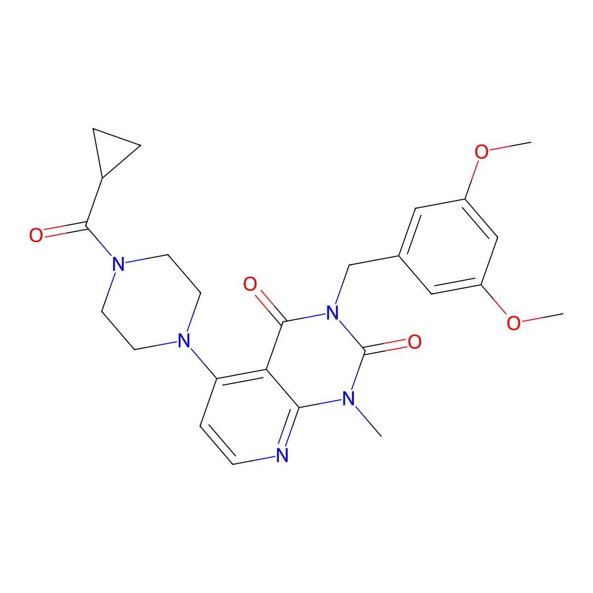 5-(4-(cyclopropanecarbonyl)piperazin-1-yl)-3-(3,5-dimethoxybenzyl)-1-methylpyrido[2,3-d]pyrimidine-2,4(1H,3H)-dione molecular structure, CAS 1021095-31-7