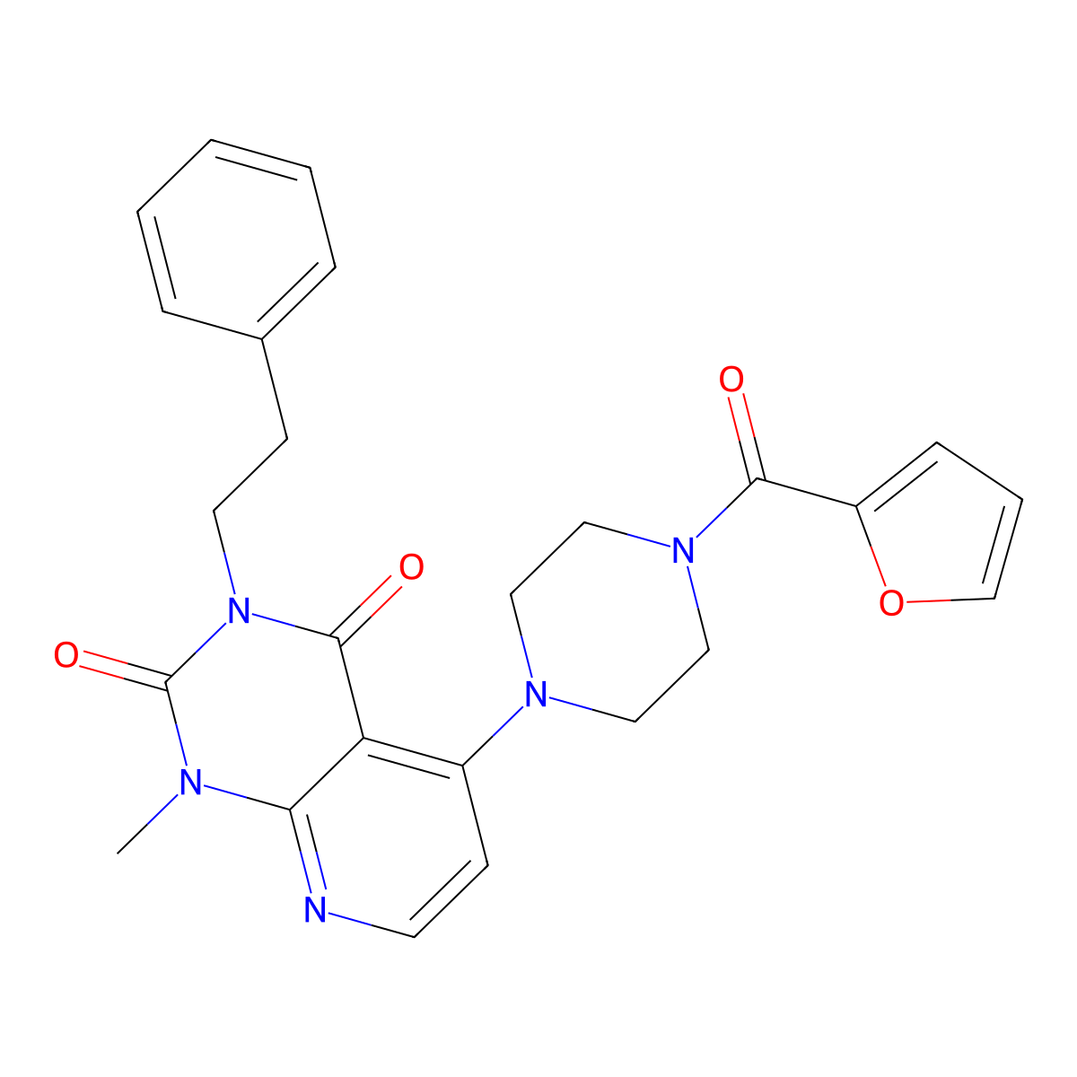 5-(4-(furan-2-carbonyl)piperazin-1-yl)-1-methyl-3-phenethylpyrido[2,3-d]pyrimidine-2,4(1H,3H)-dione molecular structure, CAS 1021095-44-2
