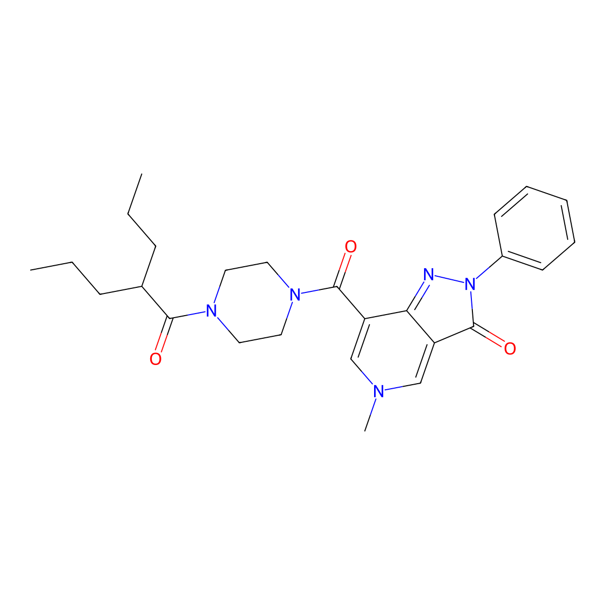 5-methyl-2-phenyl-7-(4-(2-propylpentanoyl)piperazine-1-carbonyl)-2H-pyrazolo[4,3-c]pyridin-3(5H)-one molecular structure, CAS 1021095-48-6