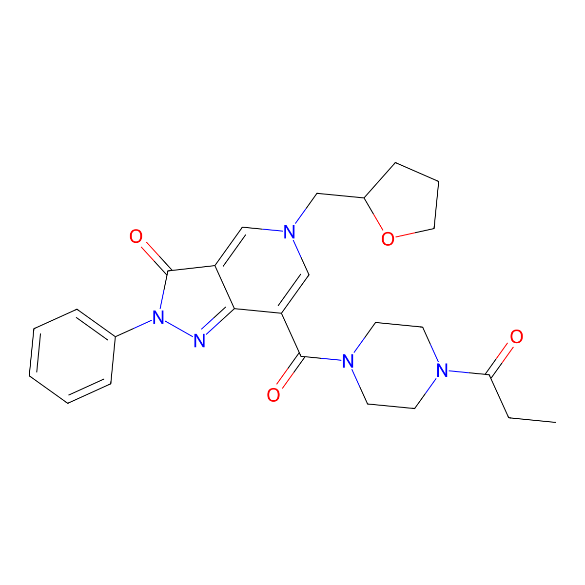 2-phenyl-7-(4-propionylpiperazine-1-carbonyl)-5-((tetrahydrofuran-2-yl)methyl)-2H-pyrazolo[4,3-c]pyridin-3(5H)-one molecular structure, CAS 1021095-86-2