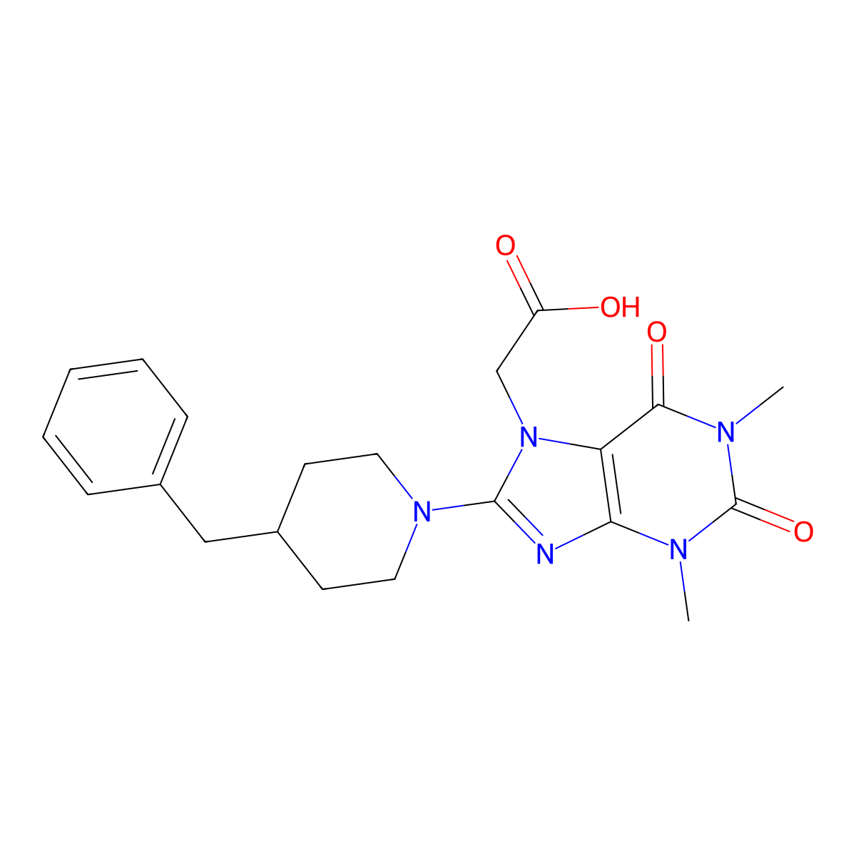2-(8-(4-benzylpiperidin-1-yl)-1,3-dimethyl-2,6-dioxo-2,3-dihydro-1H-purin-7(6H)-yl)acetic acid molecular structure, CAS 1021099-37-5