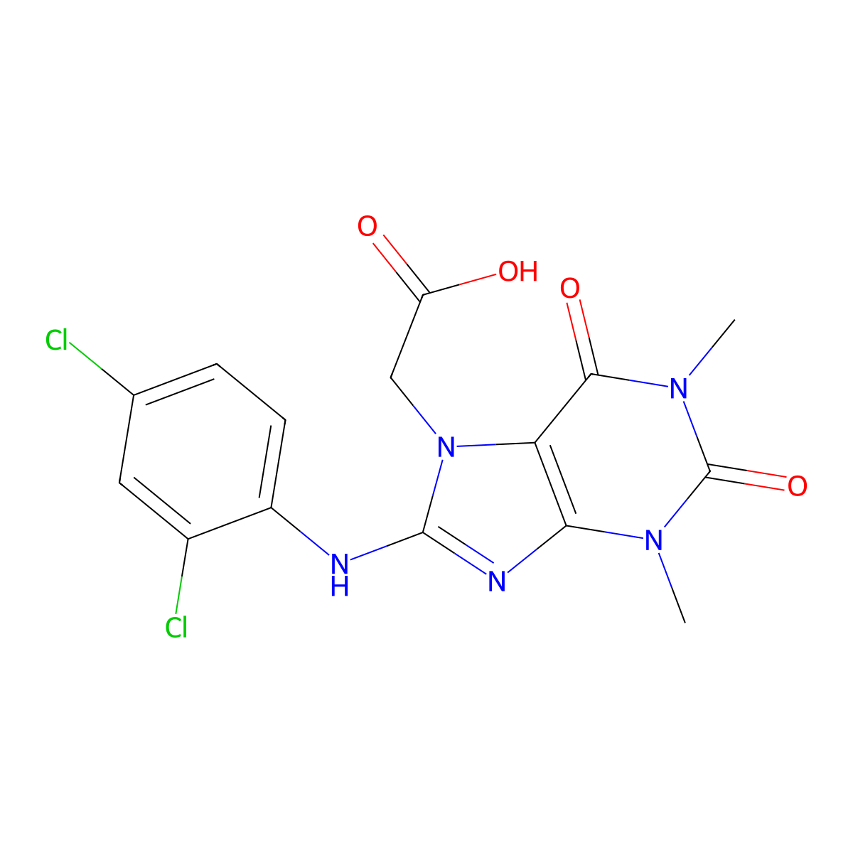2-(8-((2,4-dichlorophenyl)amino)-1,3-dimethyl-2,6-dioxo-2,3-dihydro-1H-purin-7(6H)-yl)acetic acid molecular structure, CAS 1021099-51-3