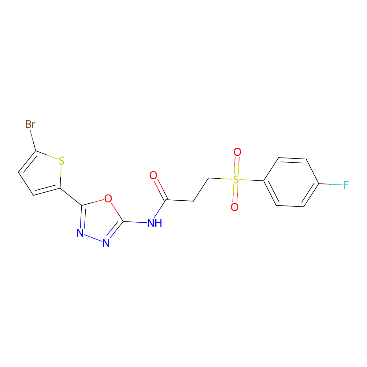 N-(5-(5-bromothiophen-2-yl)-1,3,4-oxadiazol-2-yl)-3-((4-fluorophenyl)sulfonyl)propanamide molecular structure, CAS 1021105-16-7