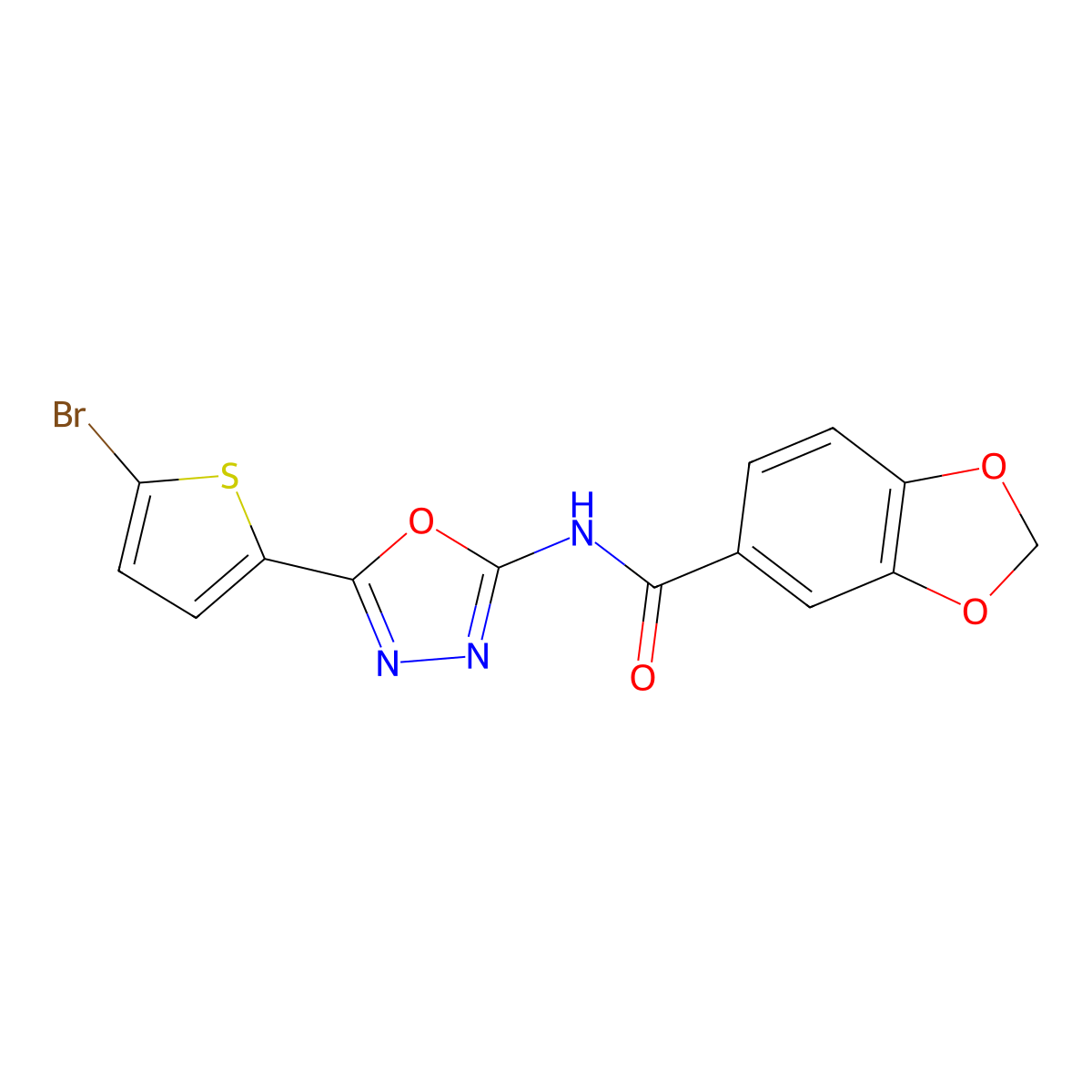 N-(5-(5-bromothiophen-2-yl)-1,3,4-oxadiazol-2-yl)benzo[d][1,3]dioxole-5-carboxamide molecular structure, CAS 1021105-31-6