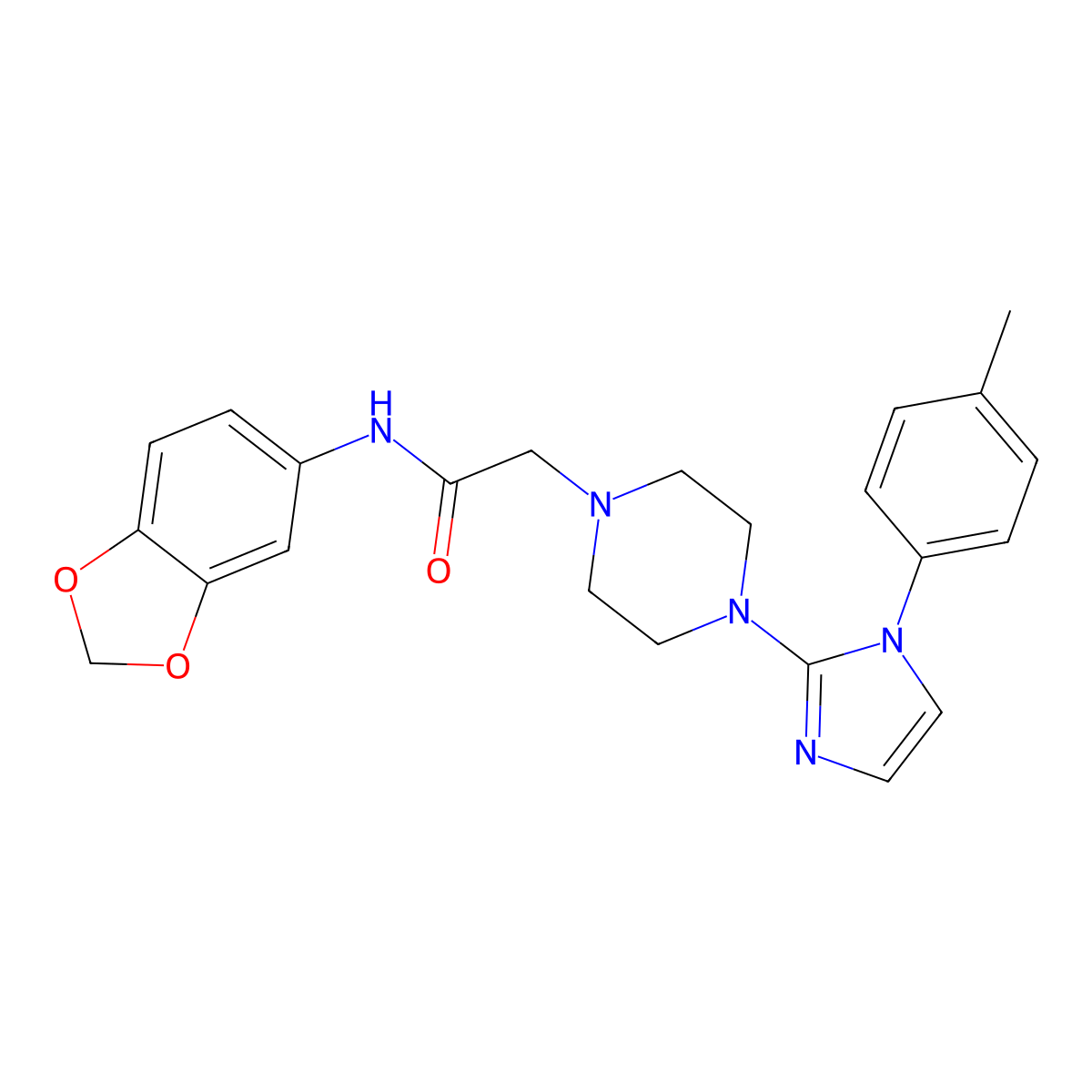 N-(benzo[d][1,3]dioxol-5-yl)-2-(4-(1-(p-tolyl)-1H-imidazol-2-yl)piperazin-1-yl)acetamide molecular structure, CAS 1021105-61-2