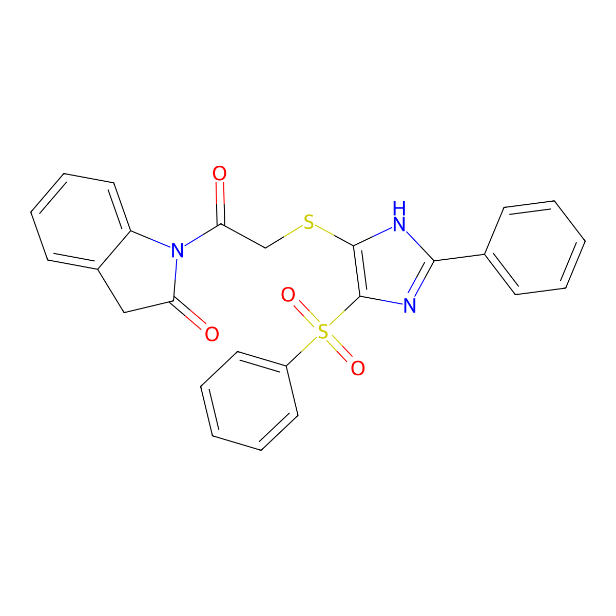 1-(2-((2-phenyl-4-(phenylsulfonyl)-1H-imidazol-5-yl)thio)acetyl)indolin-2-one molecular structure, CAS 1021106-11-5