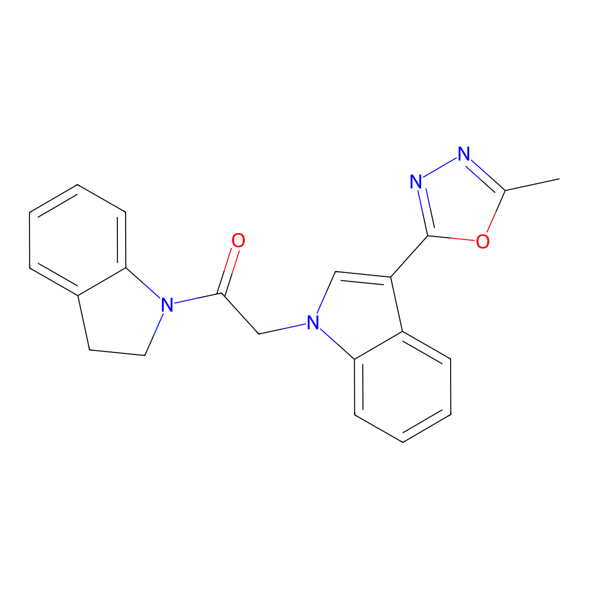 1-(indolin-1-yl)-2-(3-(5-methyl-1,3,4-oxadiazol-2-yl)-1H-indol-1-yl)ethanone molecular structure, CAS 1021106-21-7
