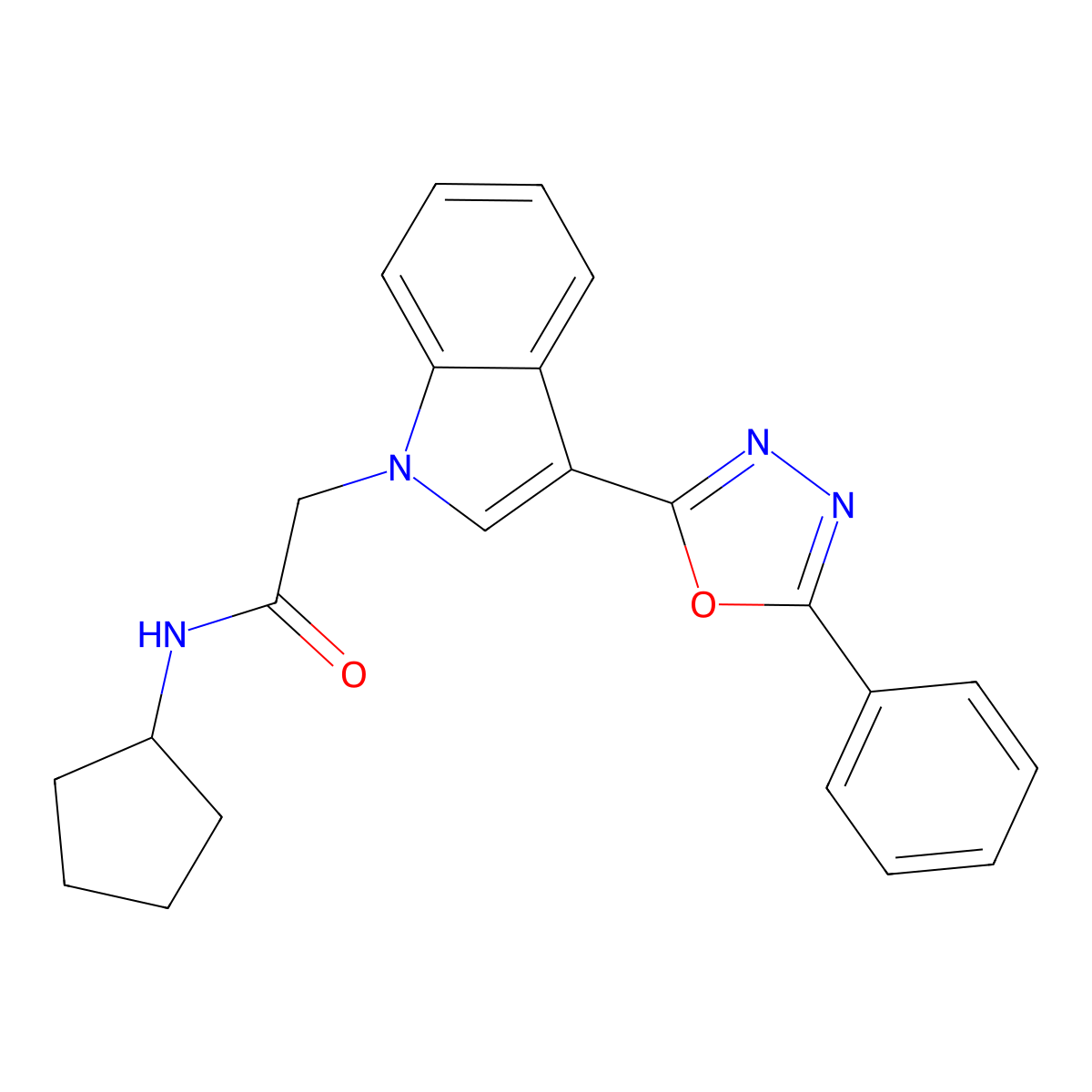 N-cyclopentyl-2-(3-(5-phenyl-1,3,4-oxadiazol-2-yl)-1H-indol-1-yl)acetamide molecular structure, CAS 1021106-29-5