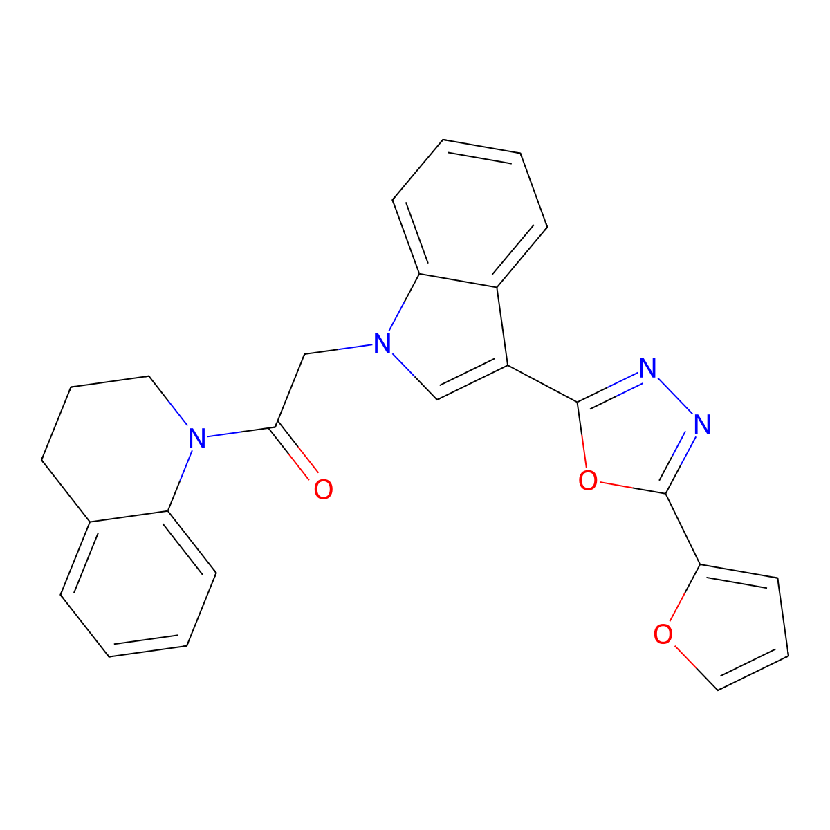 1-(3,4-dihydroquinolin-1(2H)-yl)-2-(3-(5-(furan-2-yl)-1,3,4-oxadiazol-2-yl)-1H-indol-1-yl)ethanone molecular structure, CAS 1021106-34-2