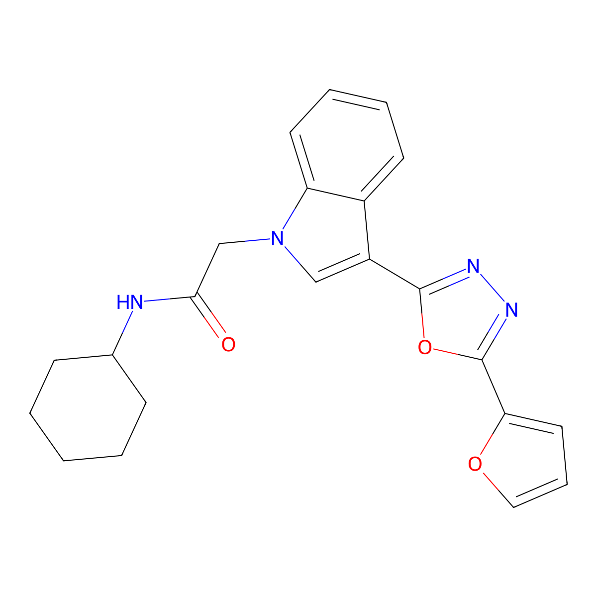 N-cyclohexyl-2-(3-(5-(furan-2-yl)-1,3,4-oxadiazol-2-yl)-1H-indol-1-yl)acetamide molecular structure, CAS 1021106-38-6