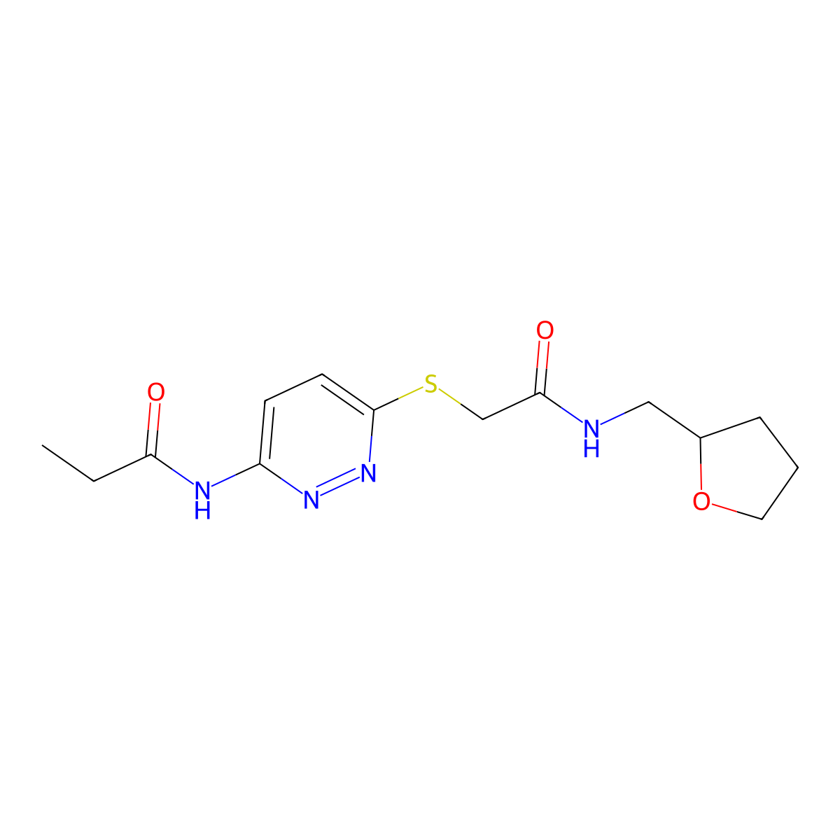 N-(6-((2-oxo-2-(((tetrahydrofuran-2-yl)methyl)amino)ethyl)thio)pyridazin-3-yl)propionamide molecular structure, CAS 1021106-67-1