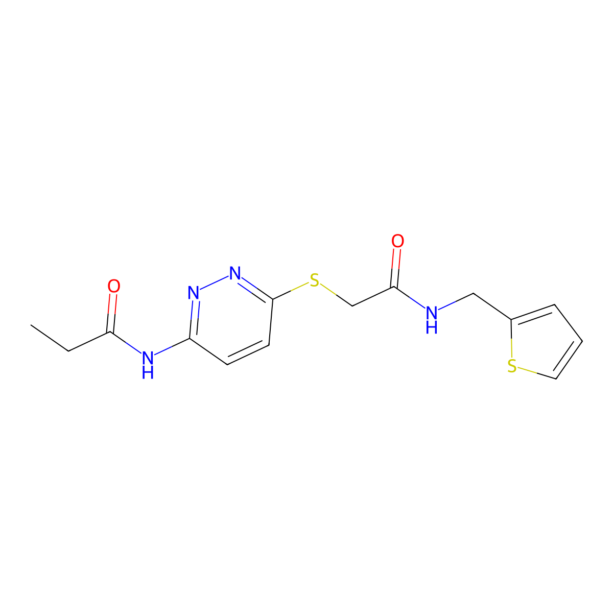 N-(6-((2-oxo-2-((thiophen-2-ylmethyl)amino)ethyl)thio)pyridazin-3-yl)propionamide molecular structure, CAS 1021106-75-1